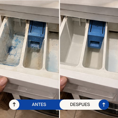 Cajetín de detergente del lavarropas antes y después de la limpieza