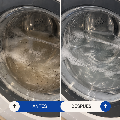 Tambor del lavarropas con agua sucia antes y agua limpia después de la limpieza