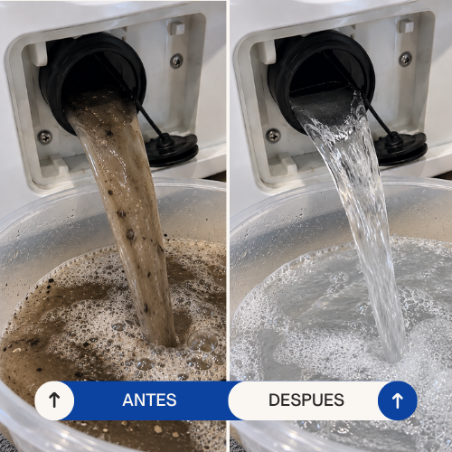Antes y después del agua que sale por el desagote del lavarropas