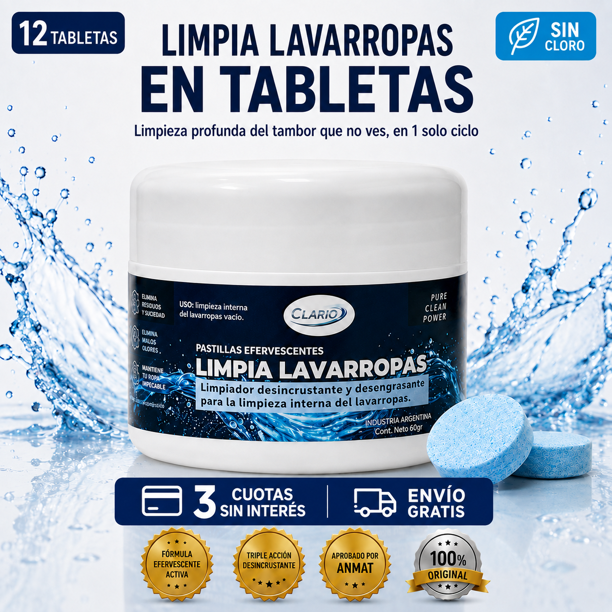 Pastillas Limpia Lavarropas CLARIO 12u Elimina Pelos De Perros y Gatos