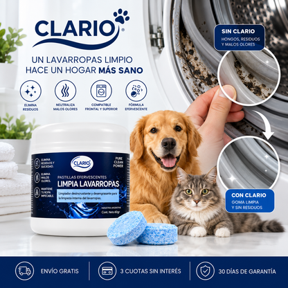 Goma del lavarropas sin y con limpieza CLARIO, junto al envase, un perro y un gato