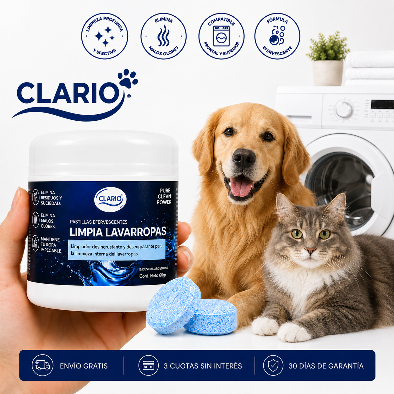 Pastillas Limpia Lavarropas CLARIO 12u Elimina Pelos De Perros y Gatos