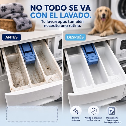 Cajetín de detergente del lavarropas antes y después de la limpieza, con un perro de fondo