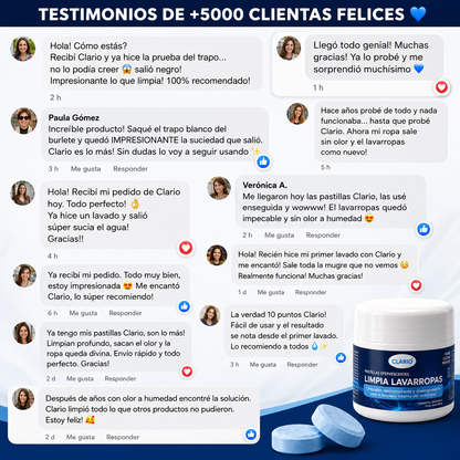 Capturas de mensajes de clientas sobre las pastillas para limpiar lavarropas CLARIO