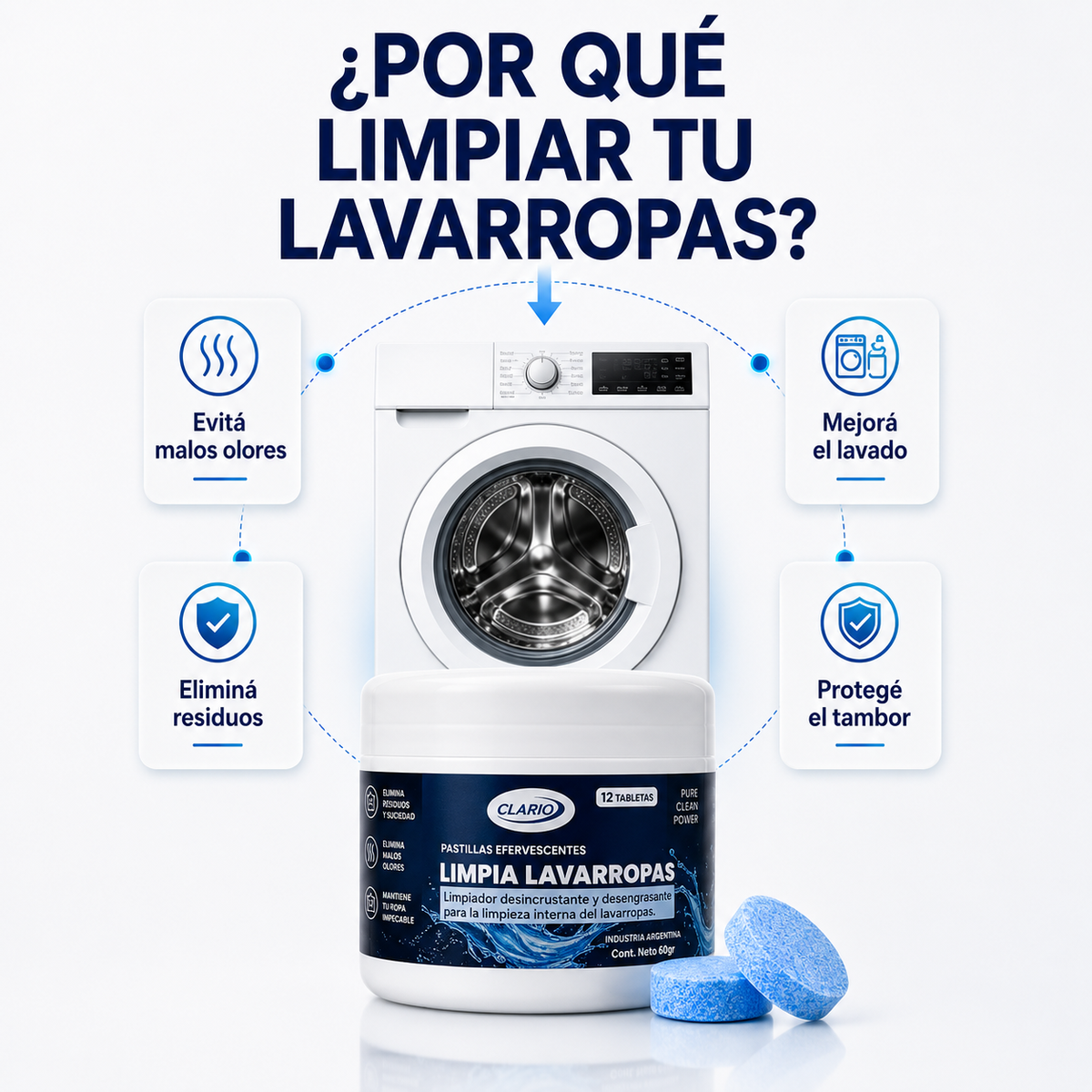 Pastillas Limpia Lavarropas CLARIO 12u Elimina Malos Olores