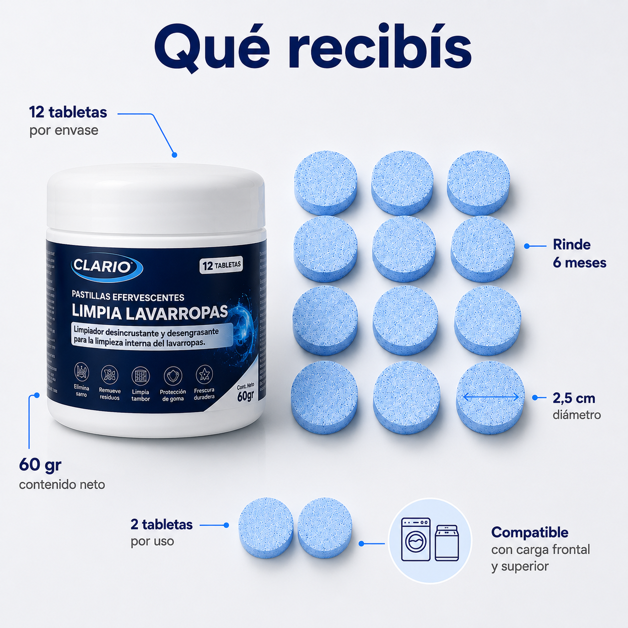 Pastillas Limpia Lavarropas CLARIO 12u Elimina Pelos De Perros y Gatos