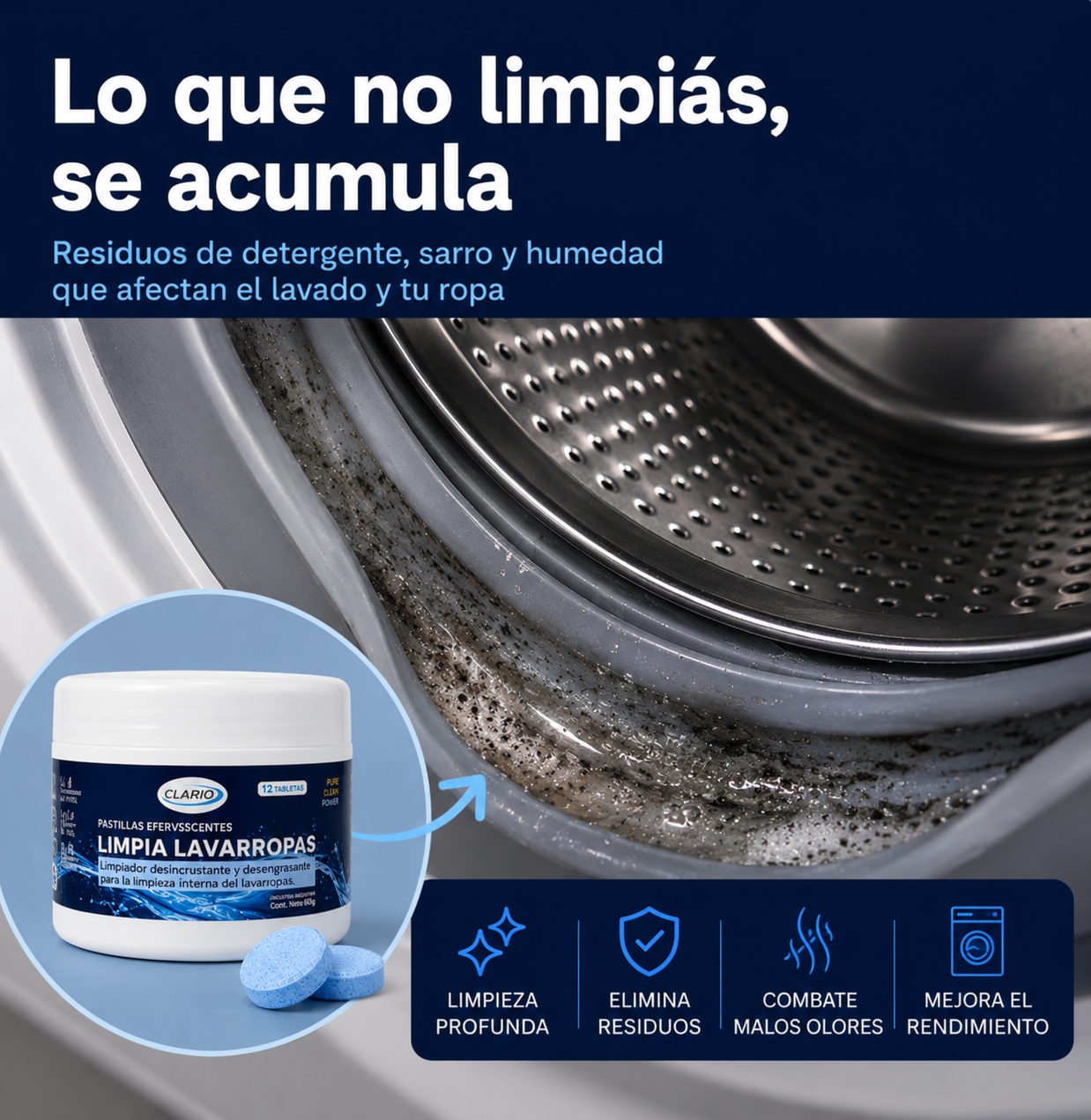 Pastillas Limpia Lavarropas CLARIO 12u Elimina Pelos De Perros y Gatos