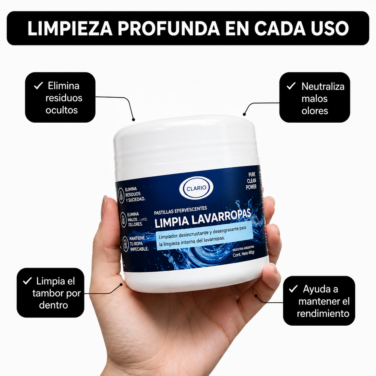 Pastillas Limpia Lavarropas CLARIO 12u Elimina Pelos De Perros y Gatos