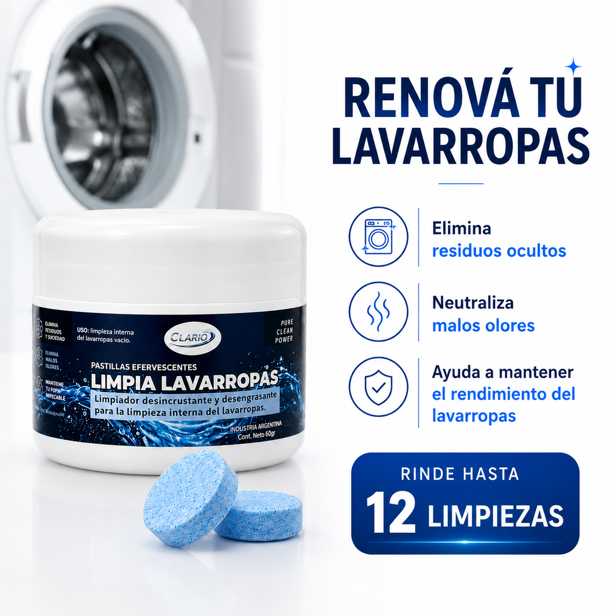 Pastillas Limpia Lavarropas CLARIO 12u Elimina Pelos De Perros y Gatos