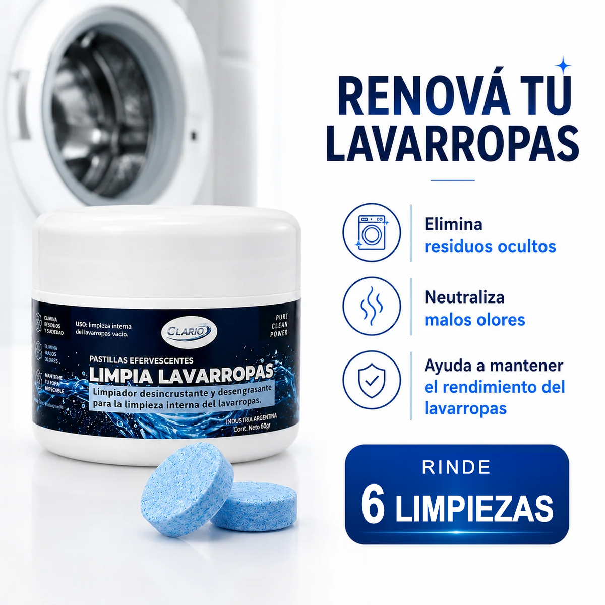 Envase de pastillas limpia lavarropas CLARIO frente a un lavarropas, con sus beneficios: rinde 6 limpiezas
