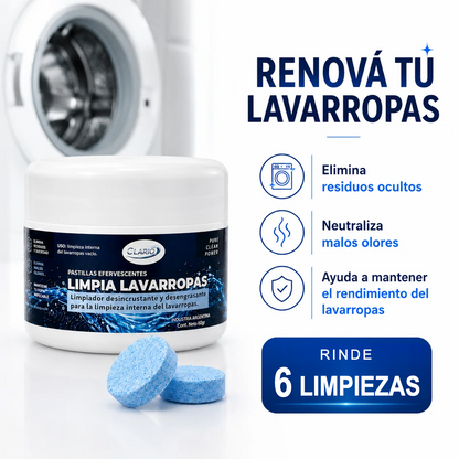 Envase de pastillas limpia lavarropas CLARIO frente a un lavarropas, con sus beneficios: rinde 6 limpiezas
